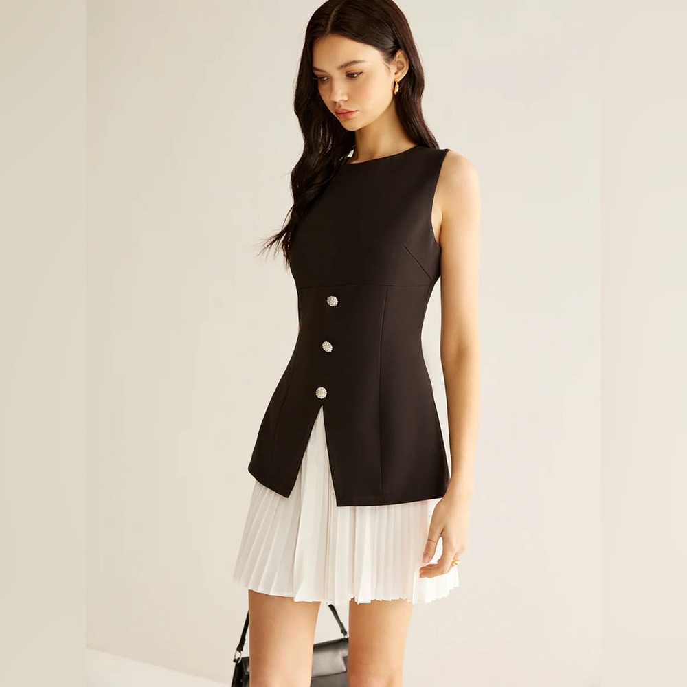 086. Commense Color Block Split Pleated Dress - Picture 5 of 5